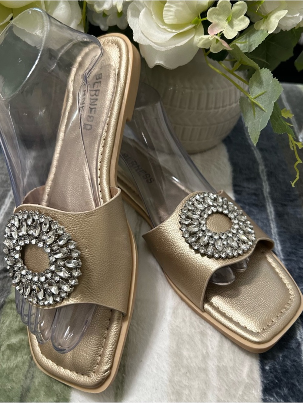 NEW BERNESS Metallic Jeweled Slide Mules -Gold, Size 9